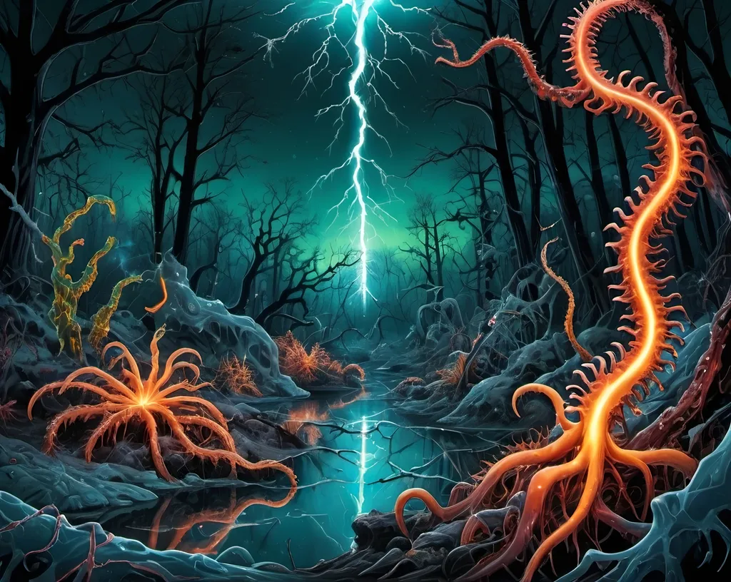 Prompt: Phi ratio, Chiaroscuro, x-rays, Mercury pool background, Minerals glowing, Ice crystals, carnivore bones, high voltage Tesla lightning, Frost, Iridescent streams in background, Black light, fluorescent electric Tentacles, Prussian blue foreground, deep forest green, Ochre and blood background, Electrical Storm, High gloss, Sunshine dew drops, violent chemical reactions