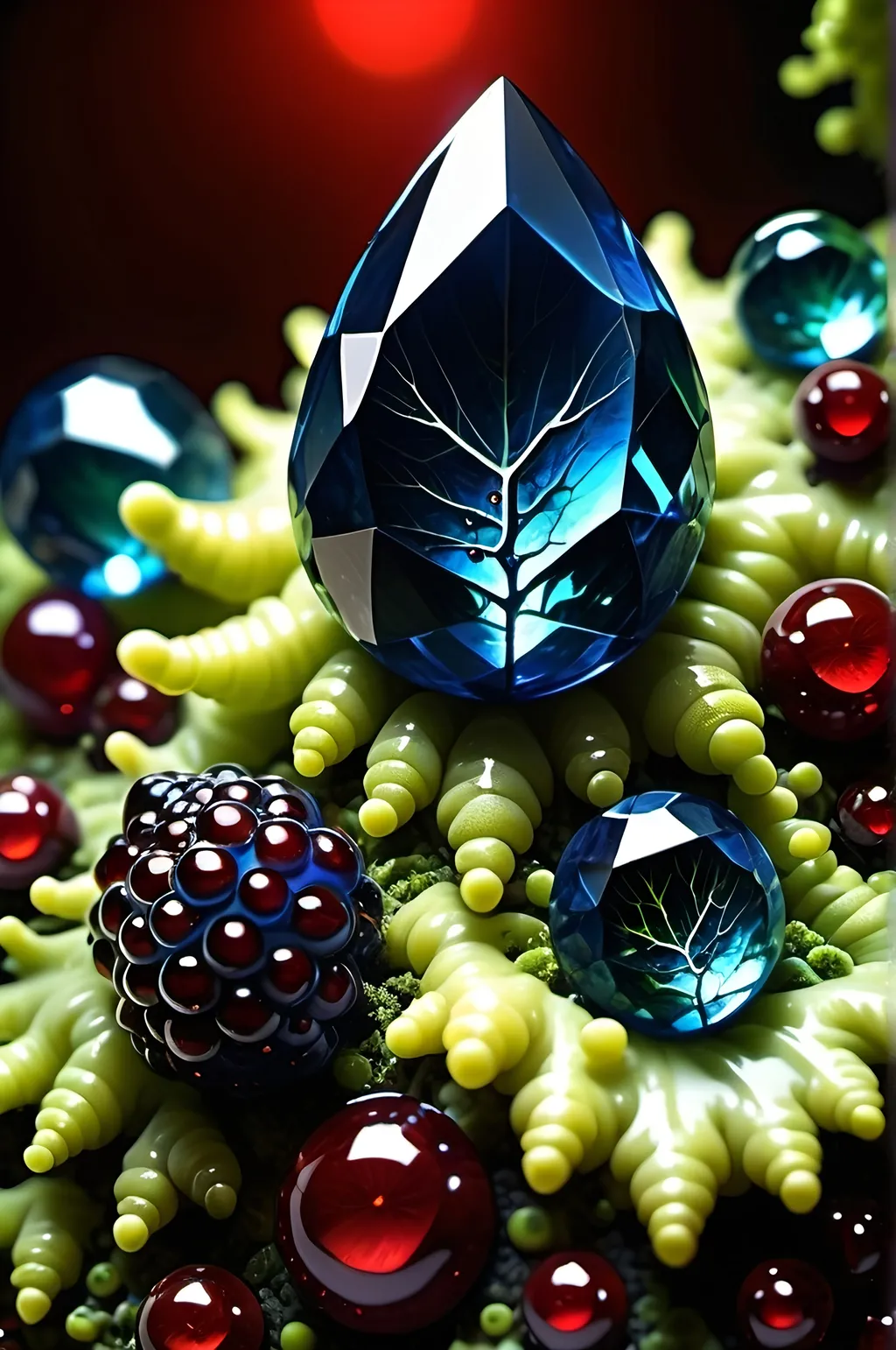 Prompt: High gloss, Prussian blue gemstones throughout foreground, deep blood red crystals, multiple high voltage lightning orbs across the background, chiaroscuro, high contrast lighting, fractal, romanesco, Phi ratio, fluorescent lime caviar,
Golden mean, lichen, forest green moss, glistening translucent berries, sunshine dew drops. 