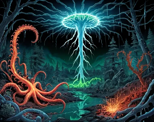 Prompt: Phi ratio, Chiaroscuro, x-rays, Mercury pool background, Minerals glowing, Ice crystals, carnivore bones, high voltage Tesla lightning, Frost, Iridescent streams in background, Black light, fluorescent electric Tentacles, Prussian blue foreground, deep forest green, Ochre and blood background, Electrical Storm, High gloss, Sunshine dew drops, violent chemical reactions