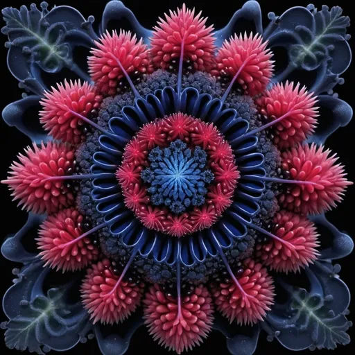 Prompt: Mercury pools
Chiaroscuro 
Ferrofluid magnetism
Prussian blue waves
Fluorescent blood streams
Milk melons
Ruby sunshine
Shrubbery and tendrils
Morning dew drops
Translucent sedum
Sacred geometry 
Mandlebrot sets
Ivy
Electrochemical explosions