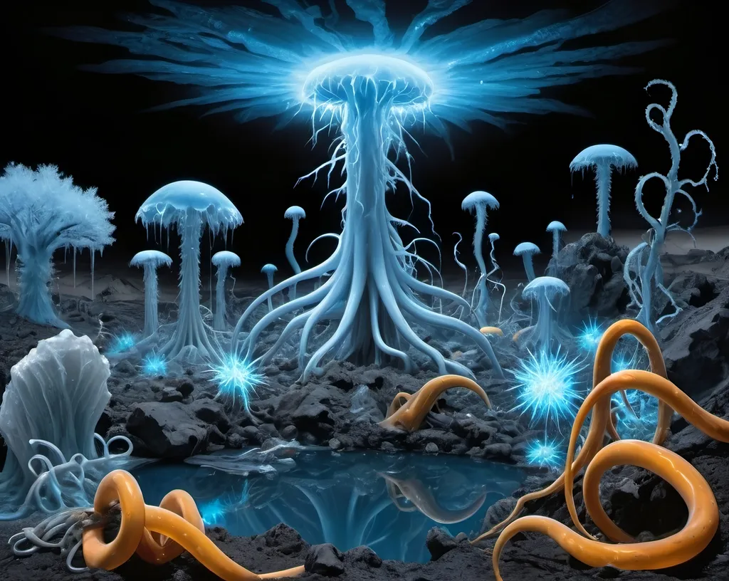 Prompt: Phi ratio, Chiaroscuro, x-rays, Mercury pool background, Minerals glowing, Ice crystals, carnivore bones, high voltage Tesla lightning, Frost, Iridescent streams in background, Black light, fluorescent electric Tentacles, Prussian blue, Ochre, Electrical Storm, High gloss, Sunshine dew drops, violent chemical reactions