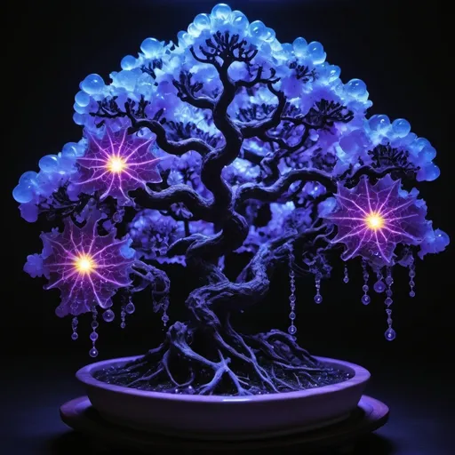 Prompt: Electrochemical dew drops
Botanical bonsai 
opal flashbangs
Black light Ultraviolet 
High voltage storm 
Ferrofluid Moonbeams
Fluorescent Mandelbrot
Star light sapphire nebula 
Plant tendril’s 
Lake ice 
Chiaroscuro 
Sacred geometry 
Translucent Grapevines