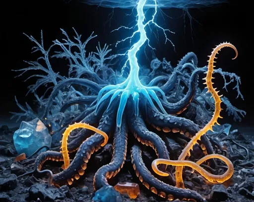 Prompt: Phi ratio, Chiaroscuro, x-rays, Mercury pool background, Minerals glowing, Ice crystals, carnivore bones, high voltage Tesla lightning, Frost, Iridescent streams in background, Black light, fluorescent electric Tentacles, Prussian blue, Ochre, Electrical Storm, High gloss, Sunshine dew drops, violent chemical reactions