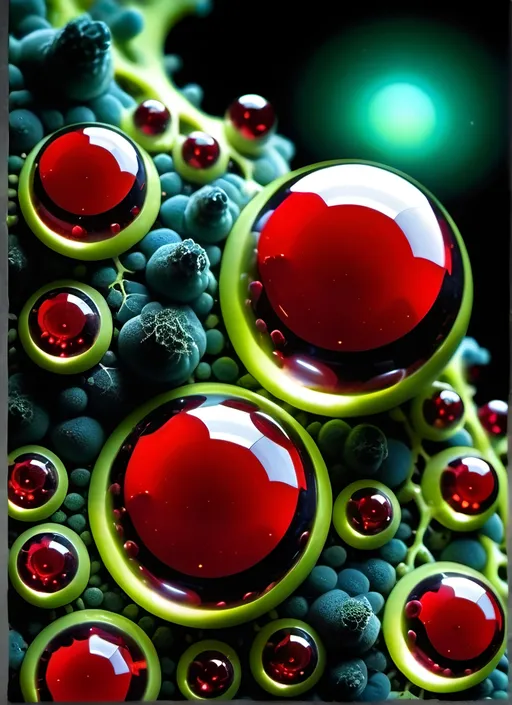 Prompt: High gloss, Prussian blue fractals throughout foreground, deep blood red crystals, high voltage lightning orbs across the background, chiaroscuro, high contrast lighting, fractal, assorted plant cell membranes as a background, Phi ratio, fluorescent lime caviar,
Golden mean, lichen, forest green moss, assorted sizes of translucent berries, very large sunshine dew drops. 