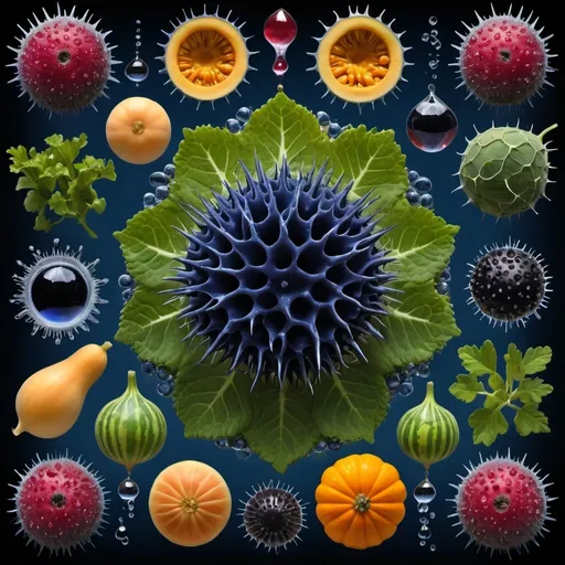 Prompt: Mercury droplets
Organs and entrails 
Chiaroscuro 
Ferrofluid
Radish 
kaleidoscope 
crystals
lightning
Romanesco 
Vines
Tendrils
Squash
Prussian blue
Leafy greens
Electrical Storm
High gloss blood spatter
Translucent melons or berries
Deep ochre 
Shrubbery
Morning dew drops
Sacred geometry 
Mandlebrot sets
Ivy
Electrochemical violent reactions