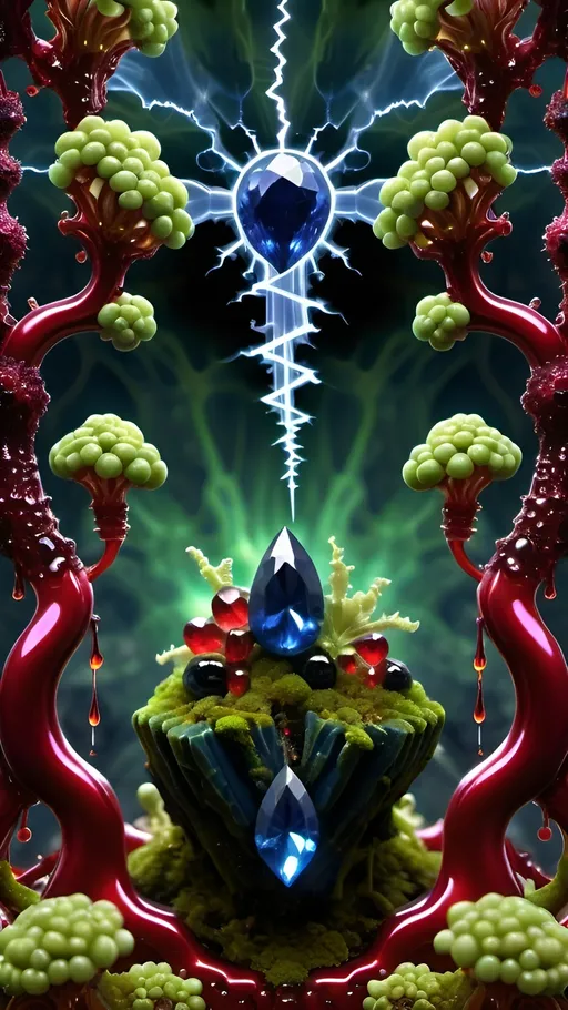 Prompt: High gloss, Prussian blue gemstones throughout foreground, deep blood red crystals, multiple high voltage Tesla coils across the background, chiaroscuro, high contrast ghost figures, fractal, romanesco, Phi ratio,  
Golden mean, lichen, forest green moss, glistening translucent berries, sunshine dew drops. 