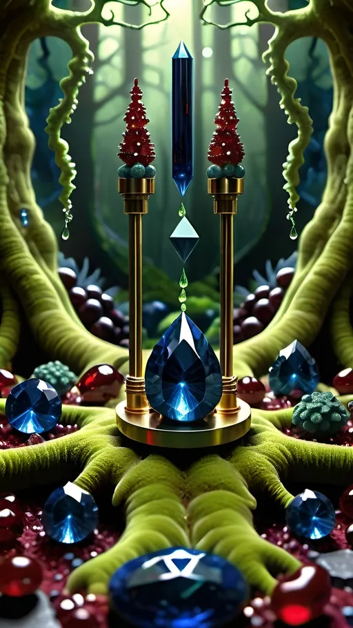 Prompt: High gloss, Prussian blue gemstones throughout foreground, deep blood red crystals, multiple high voltage Tesla coils across the background, chiaroscuro, high contrast ghost figures, fractal, romanesco, Phi ratio,  
Golden mean, lichen, forest green moss, glistening translucent berries, sunshine dew drops. 