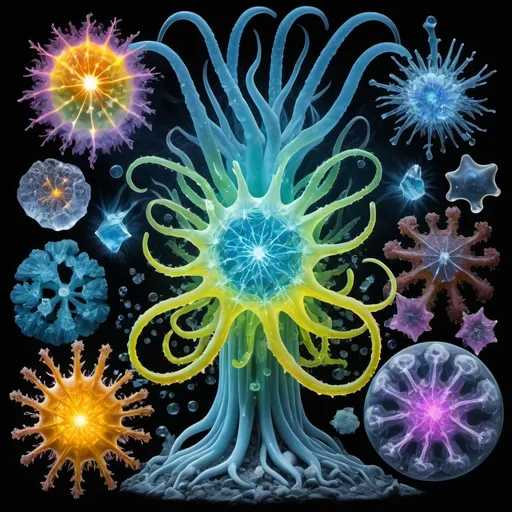 Prompt: Phi, Chiaroscuro, x-rays, Mercury pool background, Minerals glowing, Ice crystals, cilia, high voltage lightning, Taxidermy, Organ, Frost, Iridescent streams, Romanesco, Black light, fluorescent electric rainbow, Tentacles, Prussian blue, Ochre, Electrical Storm, High gloss, Translucent plant cells, Sunshine dew drops, Sacred geometry, violent chemical reactions