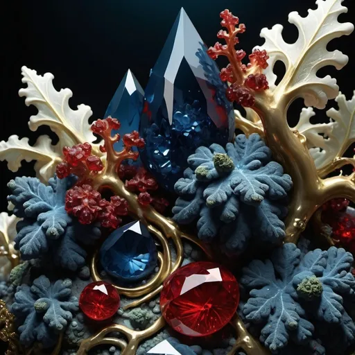 Prompt: High gloss, Prussian blue crystals in foreground, blood red gems in background, chiaroscuro, fractal, romanesco, Phi ratio,  
Golden mean, lichen, moss, pure white mineral deposits, translucent grape vines