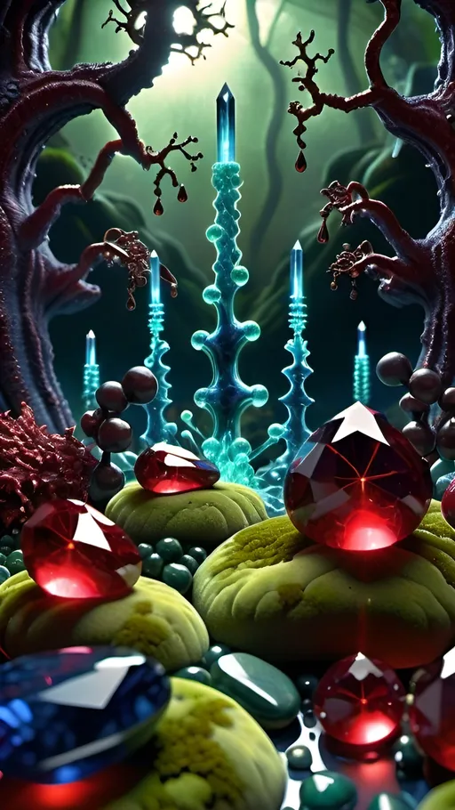 Prompt: High gloss, Prussian blue gemstones throughout foreground, deep blood red crystals, multiple high voltage Tesla coils across the background, chiaroscuro, high contrast ghost figures, fractal, romanesco, Phi ratio,  
Golden mean, lichen, forest green moss, glistening translucent berries, sunshine dew drops. 