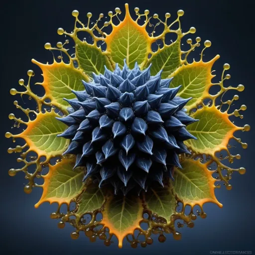 Prompt: Phi
Chiaroscuro 
Ferrofluid
Mercury
Minerals
crystals
lightning
Romanesco 
Vines
Tendrils
Squash
Prussian blue
Leafy greens
Electrical Storm
High gloss blood spatter
Translucent melons or berries
Deep ochre 
Shrubbery
Morning dew drops
Sacred geometry 
Mandlebrot sets
Ivy
Electrochemical violent reactions