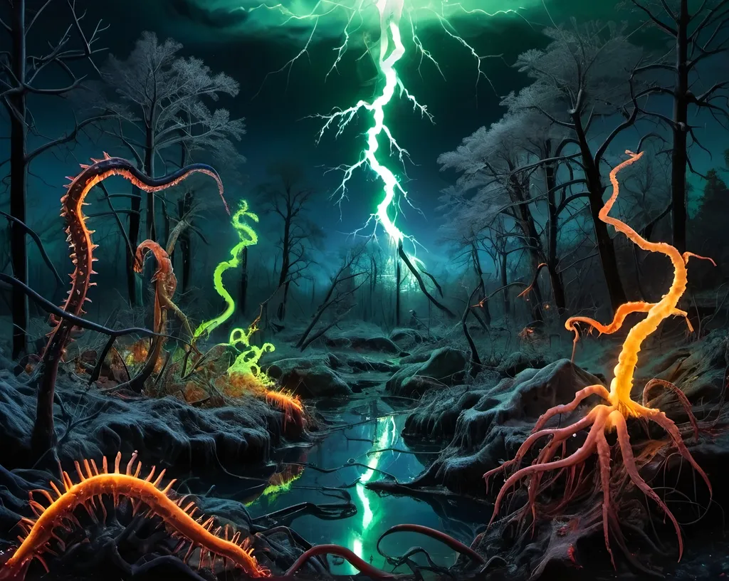 Prompt: Phi ratio, Chiaroscuro, x-rays, Mercury pool background, Minerals glowing, Ice crystals, carnivore bones, high voltage Tesla lightning, Frost, Iridescent streams in background, Black light, fluorescent electric Tentacles, dark Prussian blue foreground, forest green, Ochre and Blood background, Electrical Storm, High gloss, Sunshine dew drops, violent chemical reactions