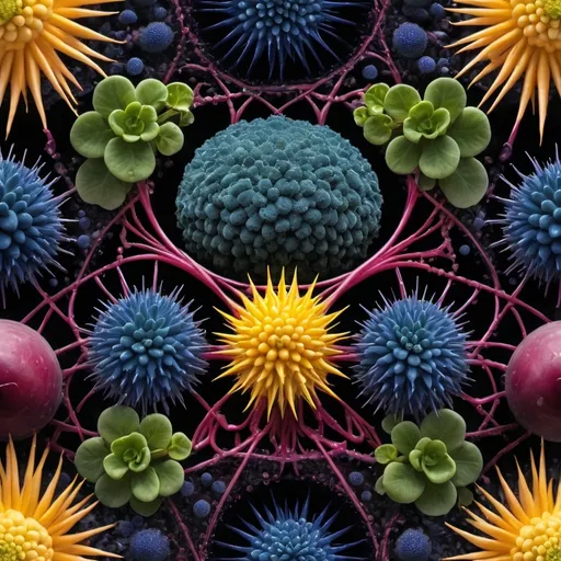 Prompt: Mercury background 
Organs and entrails 
Chiaroscuro askew
Ferrofluid radish
kaleidoscope crystals
Ultraviolet lightning explosions
Romanesco 
Vines
Tendrils
Squash
Prussian blue landscapes
Leafy greens
Electricity storm
Dark blood streams
Milk melons
Triangle ochre 
Ruby sunshine
Shrubbery and tendrils
Morning dew drops
Translucent sedum
Sacred geometry 
Mandlebrot sets
Ivy
Electrochemical explosions