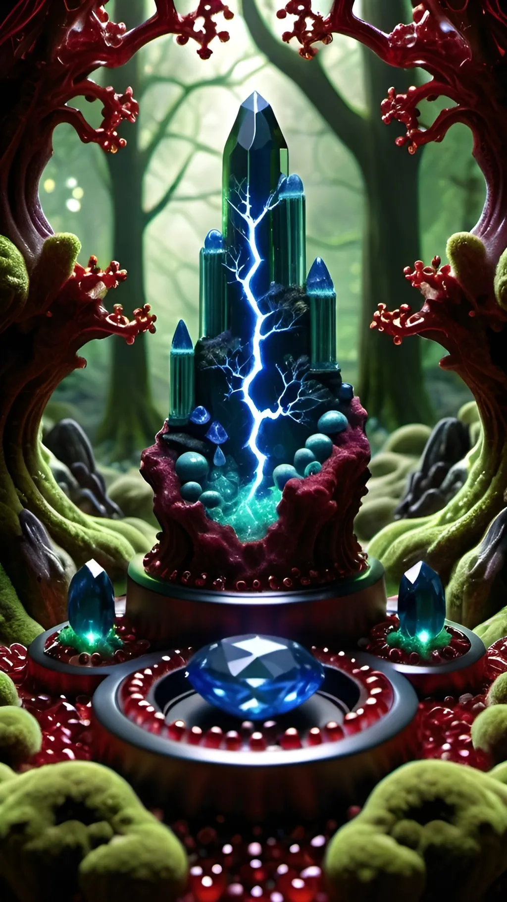 Prompt: High gloss, Prussian blue gemstones throughout foreground, deep blood red crystals, multiple high voltage Tesla coils across the background, chiaroscuro, high contrast ghost figures, fractal, romanesco, Phi ratio,  
Golden mean, lichen, forest green moss, glistening translucent berries, sunshine dew drops. 