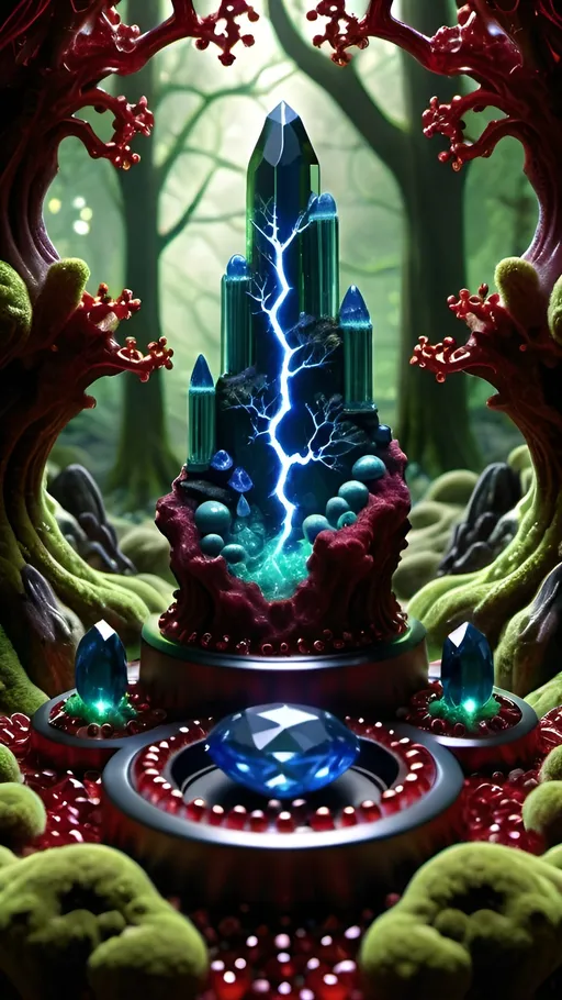 Prompt: High gloss, Prussian blue gemstones throughout foreground, deep blood red crystals, multiple high voltage Tesla coils across the background, chiaroscuro, high contrast ghost figures, fractal, romanesco, Phi ratio,  
Golden mean, lichen, forest green moss, glistening translucent berries, sunshine dew drops. 