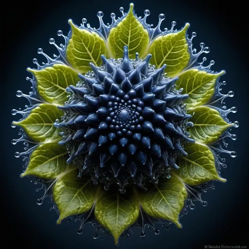 Prompt: Phi
Chiaroscuro 
Ferrofluid
Mercury
Minerals
crystals
lightning
Romanesco 
Vines
Tendrils
Squash
Prussian blue
Leafy greens
Electrical Storm
High gloss blood spatter
Translucent melons or berries
Deep ochre 
Shrubbery
Morning dew drops
Sacred geometry 
Mandlebrot sets
Ivy
Electrochemical violent reactions