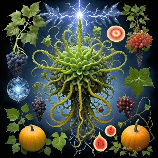 Prompt: Phi
Chiaroscuro 
Mercury
Minerals
Ice crystals
lightning
Liquid rainbow
Frost
Romanesco 
Tentacles
Vines
Tendrils
Pearlescent Grapes
Plasma
Prussian blue
Ochre
Electrical Storm
High gloss blood spatter
Translucent melons, squash or berries
Shrubbery
Morning dew drops
Sacred geometry 
Mandlebrot sets
Ivy
Electrochemical violent reactions