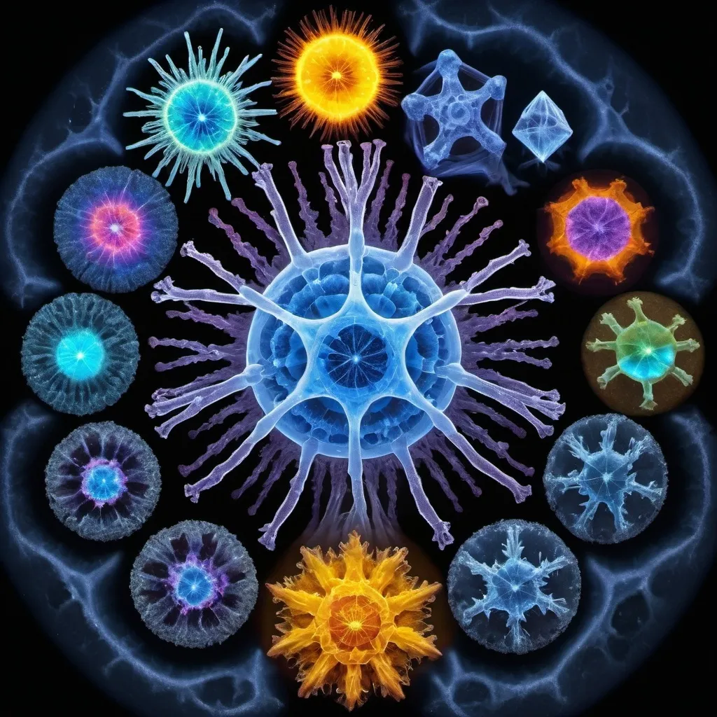 Prompt: Phi, Chiaroscuro, x-rays, Mercury pool background, Minerals glowing, Ice crystals, cilia, ganglion, high voltage Tesla lightning, Taxidermy, Organ, Frost, Iridescent streams, Romanesco, Black light, fluorescent electric rainbow, Tentacles, Prussian blue, Ochre, Electrical Storm, High gloss, Sunshine dew drops, Sacred geometry, violent chemical reactions