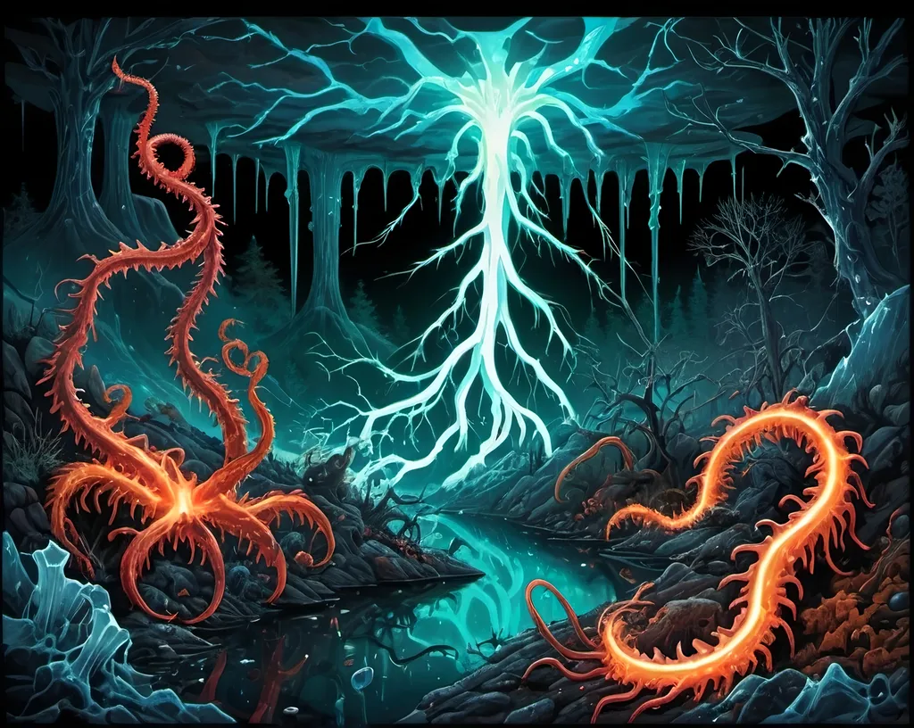 Prompt: Phi ratio, Chiaroscuro, x-rays, Mercury pool background, Minerals glowing, Ice crystals, carnivore bones, high voltage Tesla lightning, Frost, Iridescent streams in background, Black light, fluorescent electric Tentacles, Prussian blue foreground, deep forest green, Ochre and blood background, Electrical Storm, High gloss, Sunshine dew drops, violent chemical reactions