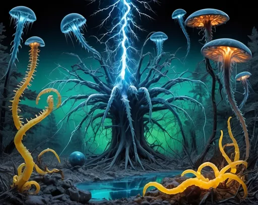 Prompt: Phi ratio, Chiaroscuro, x-rays, Mercury pool background, Minerals glowing, Ice crystals, carnivore bones, high voltage Tesla lightning, Frost, Iridescent streams in background, Black light, fluorescent electric Tentacles, Prussian blue, forest green, Ochre, Electrical Storm, High gloss, Sunshine dew drops, violent chemical reactions