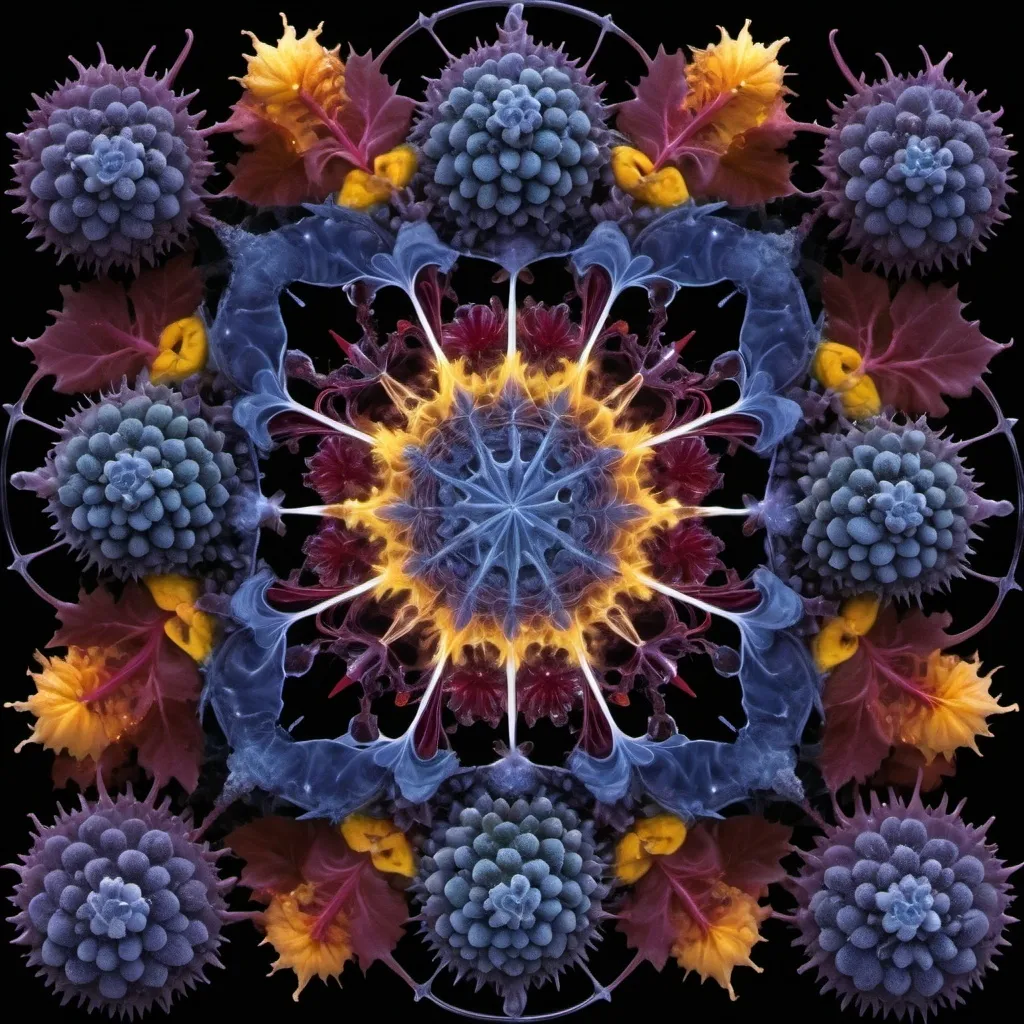 Prompt: Mercury background 
Chiaroscuro askew
Ferrofluid 
kaleidoscope crystals
Ultraviolet lightning explosions
Romanesco 
Vines
Tendrils
Squash
Prussian blue landscapes
Leafy greens
Electricity storm
Dark blood streams
Milk melons
Triangle ochre 
Ruby sunshine
Shrubbery and tendrils
Morning dew drops
Translucent sedum
Sacred geometry 
Mandlebrot sets
Ivy
Electrochemical explosions