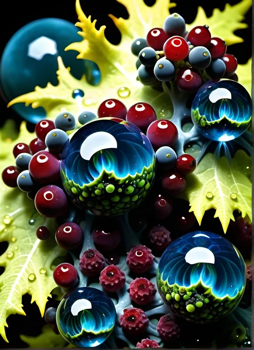 Prompt: High gloss, Prussian blue fractals throughout foreground, deep blood red crystals, high voltage lightning orbs across the background, chiaroscuro, high contrast lighting, fractal, romanesco, Phi ratio, fluorescent lime caviar,
Golden mean, lichen, forest green moss, assorted sizes of translucent berries, very large sunshine dew drops. 