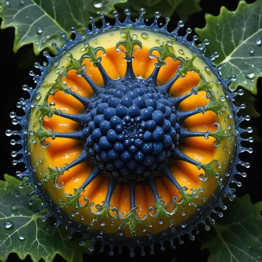 Prompt: Mercury droplets
Organ glands
Chiaroscuro 
Ferrofluid
Organic biology
kaleidoscope 
crystals
lightning
Romanesco 
Vines
Tendrils
Squash
Prussian blue
Leafy greens
Electrical Storm
High gloss blood spatter
Translucent melons or berries
Deep ochre 
Shrubbery
Morning dew drops
Sacred geometry 
Mandlebrot sets
Ivy
Electrochemical violent reactions