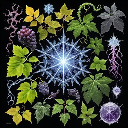 Prompt: Phi
Chiaroscuro 
Mercury
Minerals
Ice crystals
lightning
Liquid rainbow
Frost
Romanesco 
Black light fluorescent Tentacles
Vines Tendrils
Pearlescent Grapes
Prussian
Ochre
Electrical Storm
High gloss
Translucent plant cells
Morning dew drops
Sacred geometry 
Mandlebrot sets
Ivy
Electrochemical violent reactions