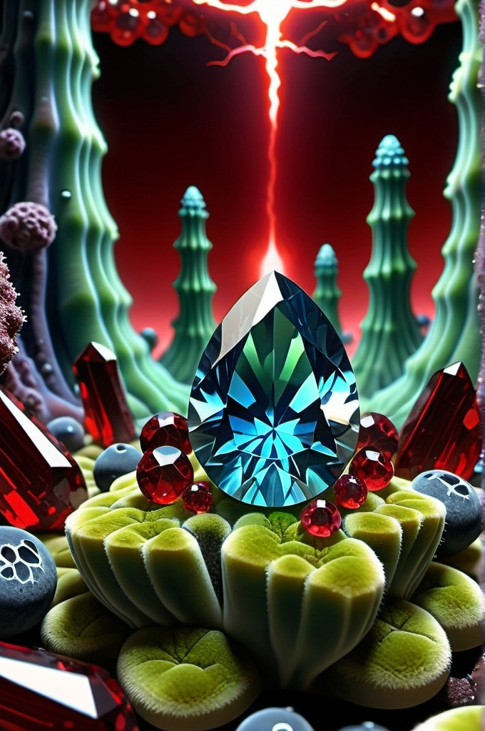 Prompt: High gloss, Prussian blue gemstones throughout foreground, deep blood red crystals, multiple high voltage Tesla coils across the background, chiaroscuro, high contrast ghost figures, fractal, romanesco, Phi ratio,  
Golden mean, lichen, forest green moss, glistening translucent berries, sunshine dew drops. 