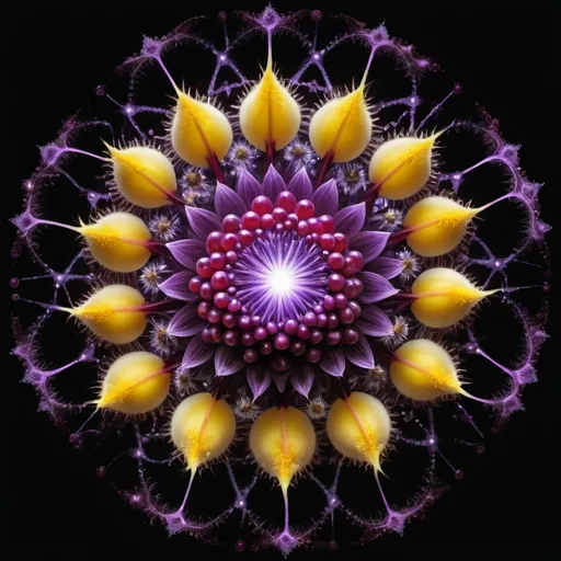 Prompt: Mercury berries
Strobe light
Allium 
Ultraviolet electrical storm 
Ferrofluid 
Stream of Moonbeams
Multicolored Mandelbrot set
White and yellow Star light nebula 
Plant tendril’s 
Ruby 
Snow drifts 
Chiaroscuro 
Sacred geometry 
Translucent Grapevines