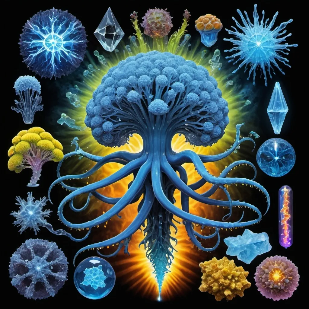 Prompt: Phi, Chiaroscuro, x-rays, Mercury pool background, Minerals glowing, Ice crystals, high voltage lightning, Taxidermy, Organ, Frost, Iridescent streams, Romanesco, Black light, fluorescent electric rainbow, Tentacles, Prussian blue, Ochre, Electrical Storm, High gloss, Translucent plant cells, Sunshine dew drops, Sacred geometry, violent chemical reactions