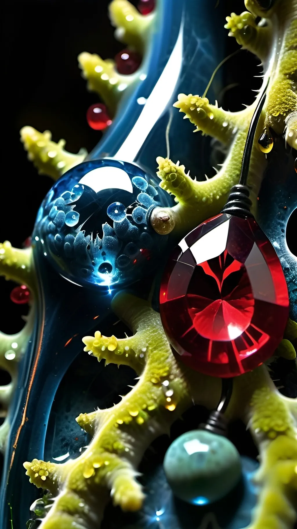 Prompt: High gloss, Prussian blue gemstones throughout foreground, deep blood red crystals, multiple high voltage Tesla coils across the background, chiaroscuro, high contrast ghost figures, fractal, romanesco, Phi ratio,  
Golden mean, lichen, forest green moss, glistening translucent berries, sunshine dew drops. 