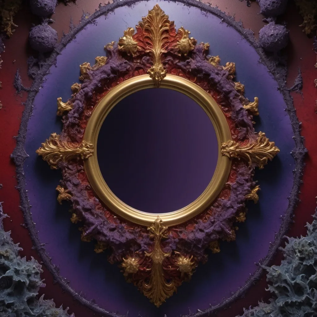 Prompt: High gloss, mirror finish, dark royal purple and Prussian blue foreground, warm blood red and ochre background, chiaroscuro, fractal, romanesco, Phi ratio,  
Golden mean, lichen, moss, glistening pure white dew drops, glowing vapor, 3:1 ghosts