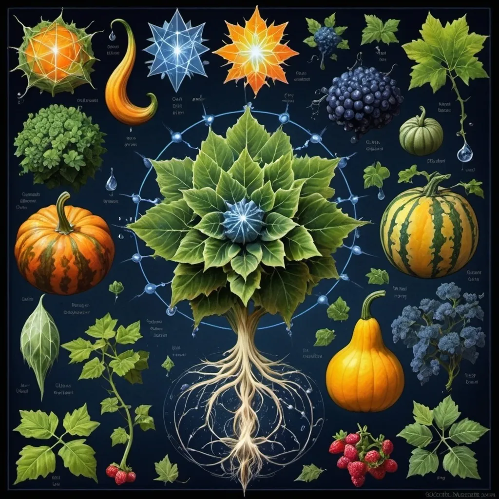 Prompt: Phi
Chiaroscuro 
Mercury
Minerals
crystals
lightning
Liquid rainbow
Frost
Romanesco 
Vines
Tendrils
Squash
Plasma
Prussian blue
Ochre
Electrical Storm
High gloss blood spatter
Translucent melons, squash or berries
Shrubbery
Morning dew drops
Sacred geometry 
Mandlebrot sets
Ivy
Electrochemical violent reactions