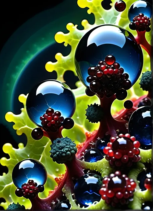 Prompt: High gloss, Prussian blue fractals throughout foreground, deep blood red crystals, high voltage lightning orbs across the background, chiaroscuro, high contrast lighting, fractal, romanesco, Phi ratio, fluorescent lime caviar,
Golden mean, lichen, forest green moss, assorted sizes of translucent berries, very large sunshine dew drops. 