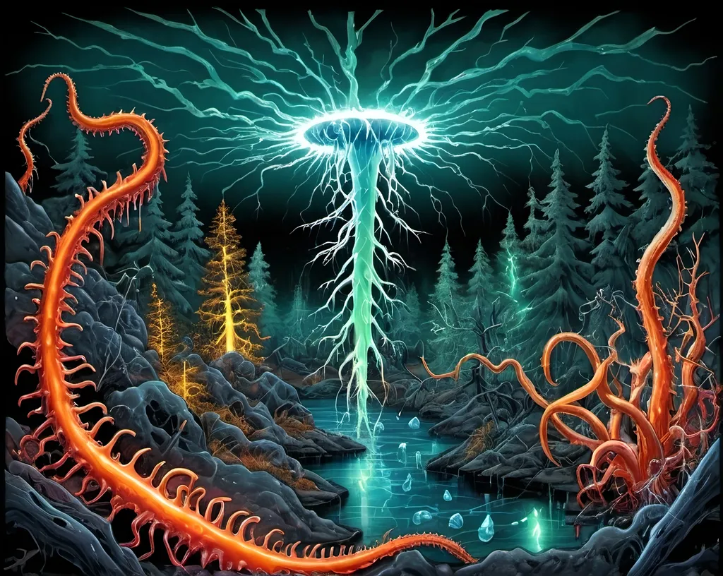 Prompt: Phi ratio, Chiaroscuro, x-rays, Mercury pool background, Minerals glowing, Ice crystals, carnivore bones, high voltage Tesla lightning, Frost, Iridescent streams in background, Black light, fluorescent electric Tentacles, Prussian blue foreground, deep forest green, Ochre and blood background, Electrical Storm, High gloss, Sunshine dew drops, violent chemical reactions