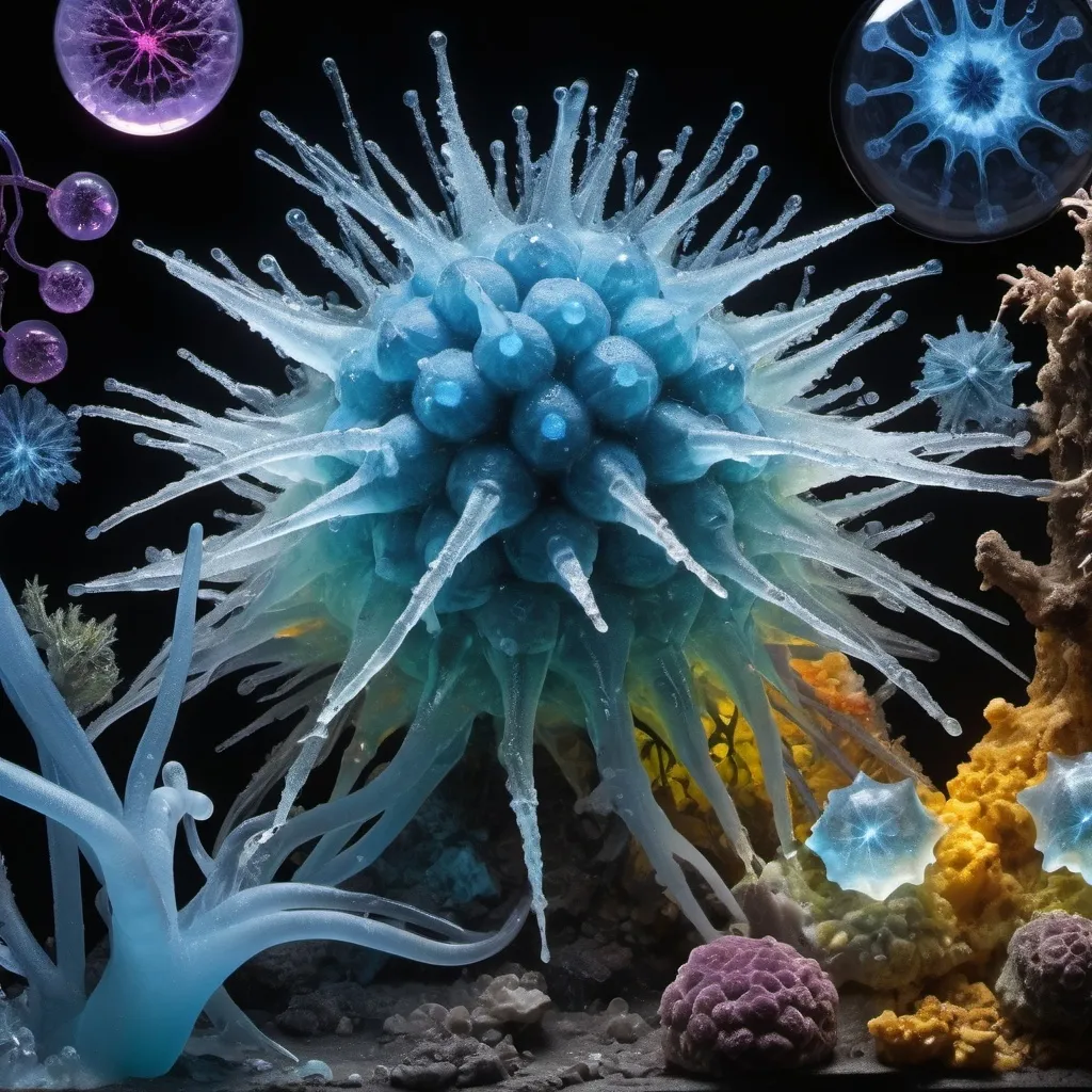 Prompt: Phi, Chiaroscuro, x-rays, Mercury pool background, Minerals glowing, Ice crystals, cilia, high voltage lightning, Taxidermy, Organ, Frost, Iridescent streams, Romanesco, Black light, fluorescent electric rainbow, Tentacles, Prussian blue, Ochre, Electrical Storm, High gloss, Translucent plant cells, Sunshine dew drops, Sacred geometry, violent chemical reactions