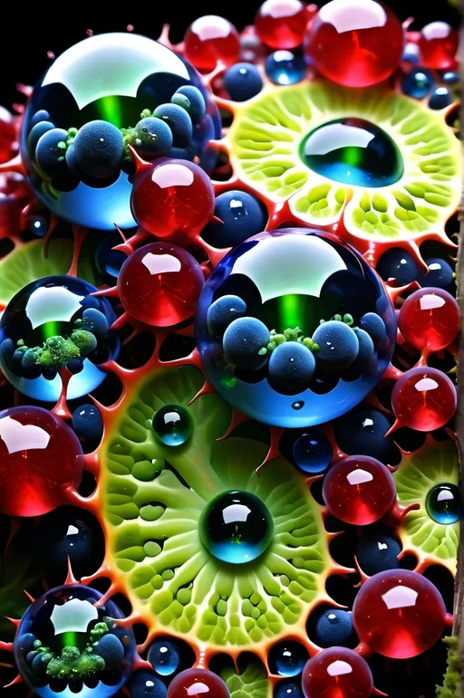 Prompt: High gloss, Prussian blue fractals throughout foreground, deep blood red crystals, high voltage lightning orbs across the background, chiaroscuro, high contrast lighting, fractal, romanesco, Phi ratio, fluorescent lime caviar,
Golden mean, lichen, forest green moss, assorted sizes of translucent berries, very large sunshine dew drops. 