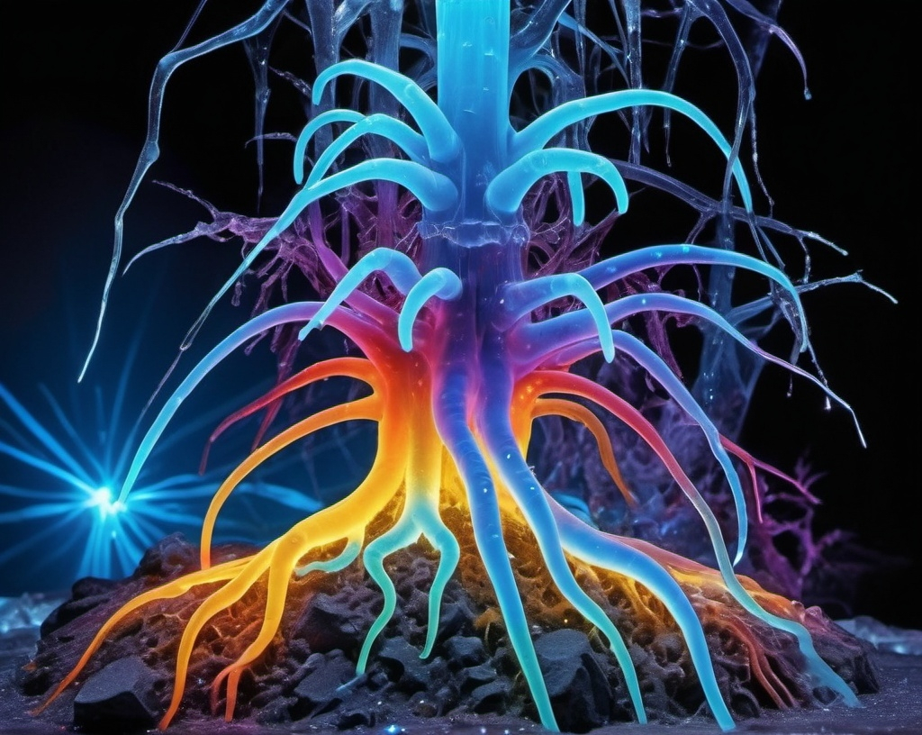 Prompt: Phi ratio, Chiaroscuro, x-rays, Mercury pool background, Minerals glowing, Ice crystals, bones or skeletons, ganglion, high voltage Tesla lightning, Frost, Iridescent streams in background, Black light, fluorescent electric rainbow, Tentacles, Prussian blue, Ochre, Electrical Storm, High gloss, Sunshine dew drops, violent chemical reactions