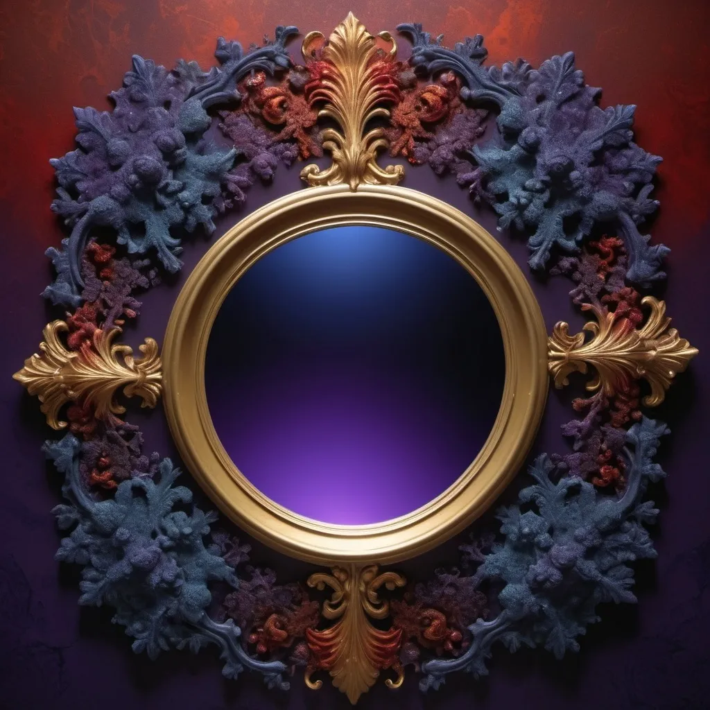 Prompt: High gloss, mirror finish, dark royal purple and Prussian blue foreground, warm blood red and ochre background, chiaroscuro, fractal, romanesco, Phi ratio,  
Golden mean, lichen, moss, glistening pure white dew drops, glowing vapor, 3:1 ghosts