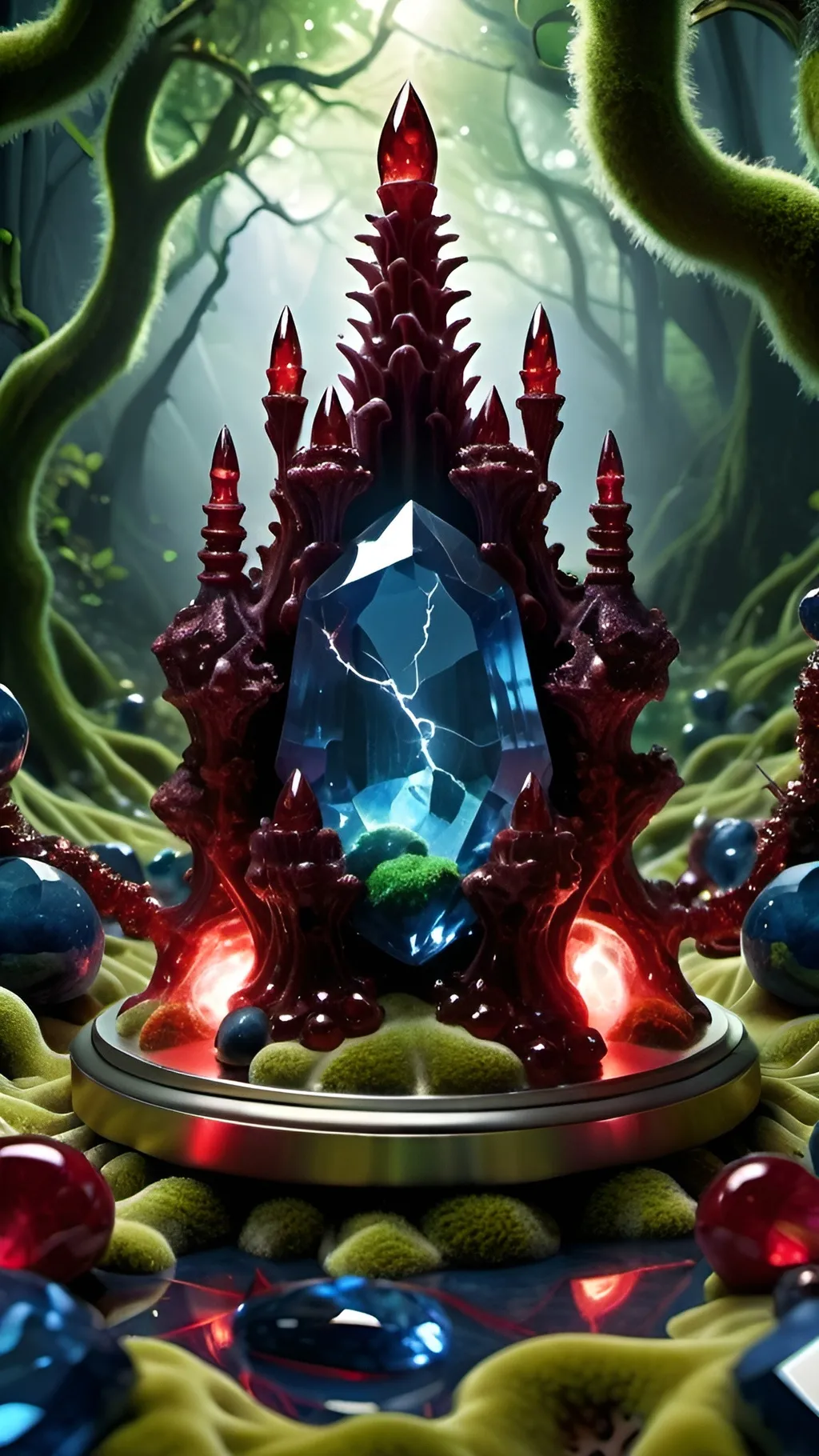 Prompt: High gloss, Prussian blue gemstones throughout foreground, deep blood red crystals, multiple high voltage Tesla coils across the background, chiaroscuro, high contrast ghost figures, fractal, romanesco, Phi ratio,  
Golden mean, lichen, forest green moss, glistening translucent berries, sunshine dew drops. 