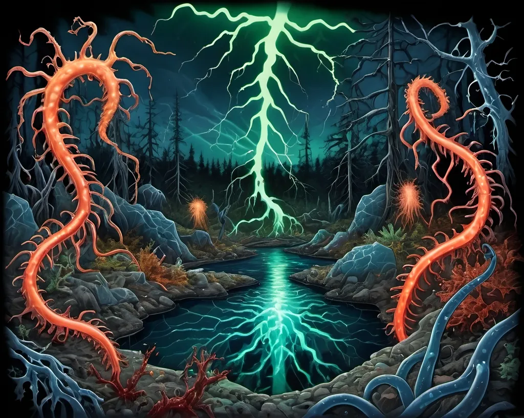 Prompt: Phi ratio, Chiaroscuro, x-rays, Mercury pool background, Minerals glowing, Ice crystals, carnivore bones, high voltage Tesla lightning, Frost, Iridescent streams in background, Black light, fluorescent electric Tentacles, dark Prussian blue foreground, forest green, Ochre and Blood background, Electrical Storm, High gloss, Sunshine dew drops, violent chemical reactions