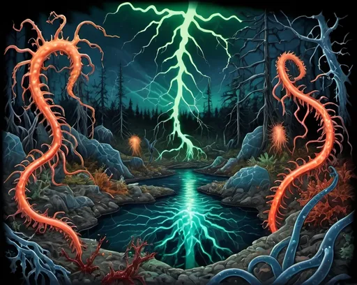 Prompt: Phi ratio, Chiaroscuro, x-rays, Mercury pool background, Minerals glowing, Ice crystals, carnivore bones, high voltage Tesla lightning, Frost, Iridescent streams in background, Black light, fluorescent electric Tentacles, dark Prussian blue foreground, forest green, Ochre and Blood background, Electrical Storm, High gloss, Sunshine dew drops, violent chemical reactions