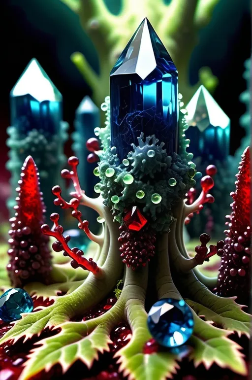 Prompt: High gloss, Prussian blue gemstones throughout foreground, deep blood red crystals, multiple high voltage Tesla coils across the background, chiaroscuro, high contrast ghost figures, fractal, romanesco, Phi ratio,  
Golden mean, lichen, forest green moss, glistening translucent berries, sunshine dew drops. 