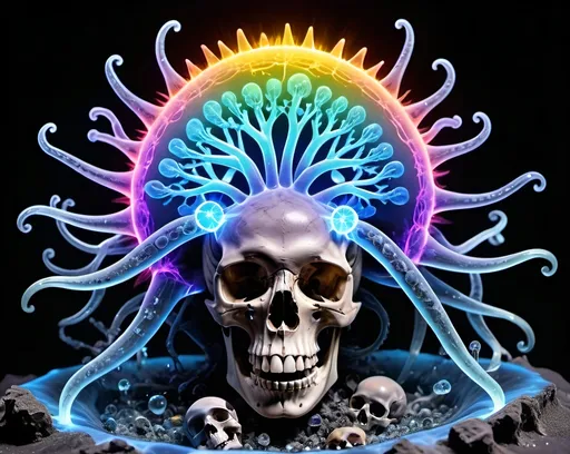 Prompt: Phi ratio, Chiaroscuro, x-rays, Mercury pool background, Minerals glowing, Ice crystals, bones or skeletons, ganglion, high voltage Tesla lightning, Frost, Iridescent streams, Romanesco, Black light, fluorescent electric rainbow, Tentacles, Prussian blue, Ochre, Electrical Storm, High gloss, Sunshine dew drops, Sacred geometry, violent chemical reactions