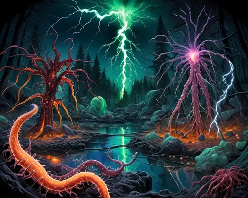 Prompt: Phi ratio, Chiaroscuro, x-rays, Mercury pool background, Minerals glowing, Ice crystals, carnivore bones, high voltage Tesla lightning, Frost, Iridescent streams in background, Black light, fluorescent electric Tentacles, dark Prussian blue foreground, forest green, Ochre and Blood background, Electrical Storm, High gloss, Sunshine dew drops, violent chemical reactions