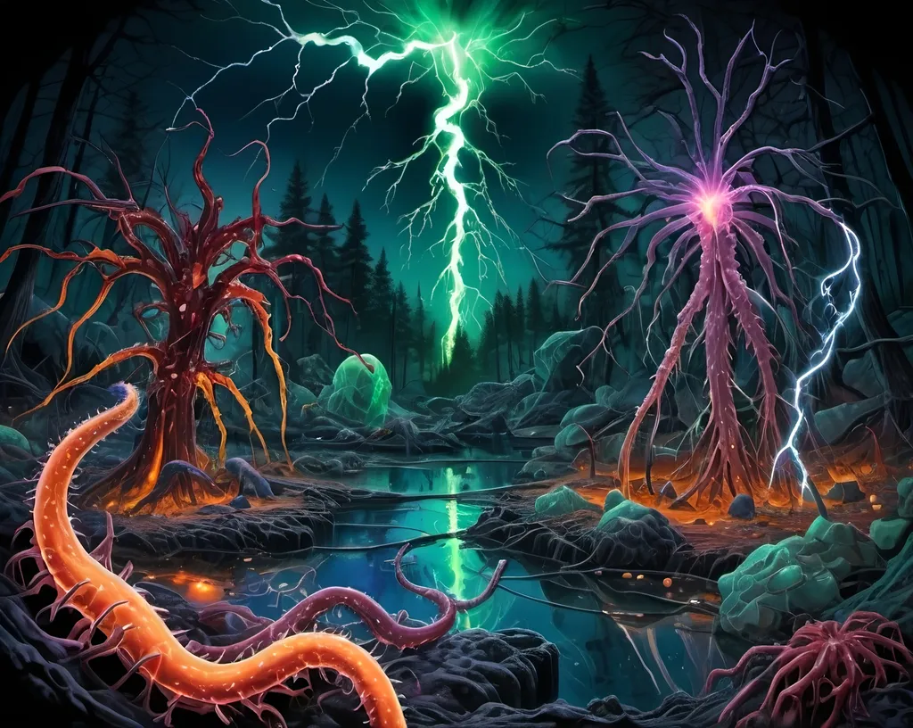 Prompt: Phi ratio, Chiaroscuro, x-rays, Mercury pool background, Minerals glowing, Ice crystals, carnivore bones, high voltage Tesla lightning, Frost, Iridescent streams in background, Black light, fluorescent electric Tentacles, dark Prussian blue foreground, forest green, Ochre and Blood background, Electrical Storm, High gloss, Sunshine dew drops, violent chemical reactions