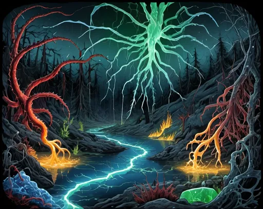 Prompt: Phi ratio, Chiaroscuro, x-rays, Mercury pool background, Minerals glowing, Ice crystals, carnivore bones, high voltage Tesla lightning, Frost, Iridescent streams in background, Black light, fluorescent electric Tentacles, dark Prussian blue foreground, forest green, Ochre and Blood background, Electrical Storm, High gloss, Sunshine dew drops, violent chemical reactions