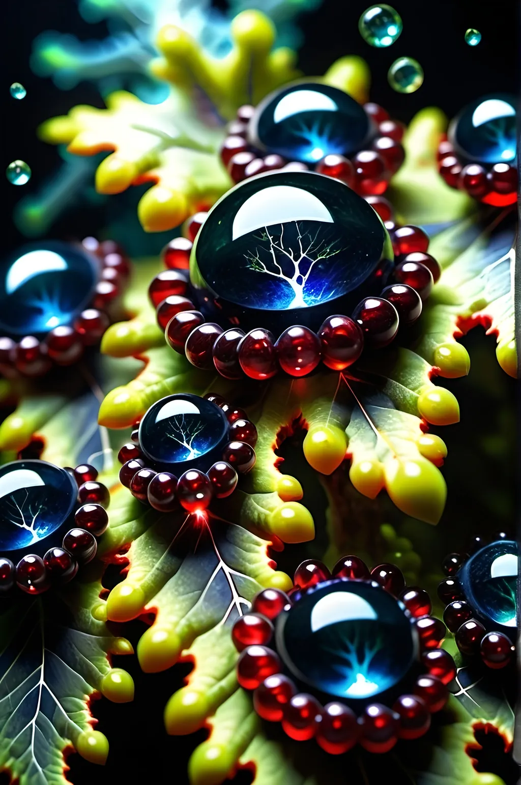 Prompt: High gloss, Prussian blue gemstones throughout foreground, deep blood red crystals, multiple high voltage lightning orbs across the background, chiaroscuro, high contrast lighting, fractal, romanesco, Phi ratio, fluorescent lime caviar,
Golden mean, lichen, forest green moss, glistening translucent berries, sunshine dew drops. 