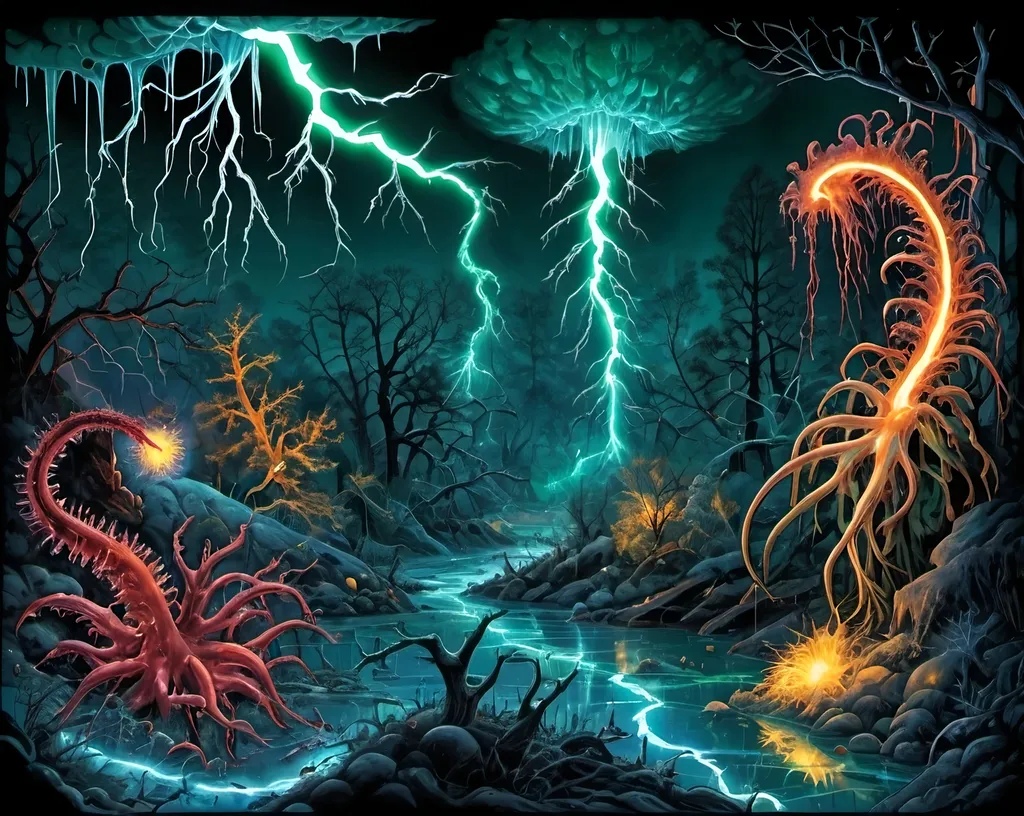 Prompt: Phi ratio, Chiaroscuro, x-rays, Mercury pool background, Minerals glowing, Ice crystals, carnivore bones, high voltage Tesla lightning, Frost, Iridescent streams in background, Black light, fluorescent electric Tentacles, Prussian blue foreground, deep forest green, Ochre and blood background, Electrical Storm, High gloss, Sunshine dew drops, violent chemical reactions